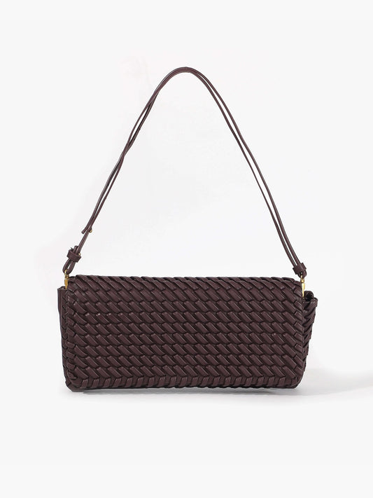 Damentasche Baguette Bag geflochten Kunstleder dunkelbraun mit Schulterriemen