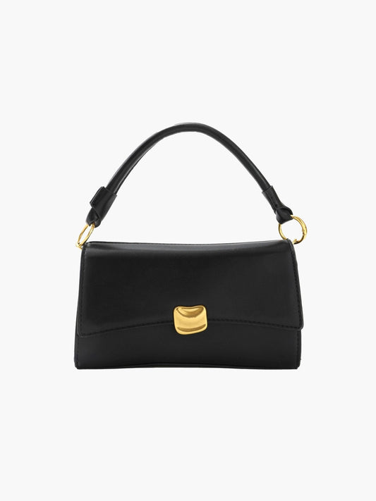 Damentasche Baguette Bag Kunstleder schwarz mit goldfarbener Klappschließe